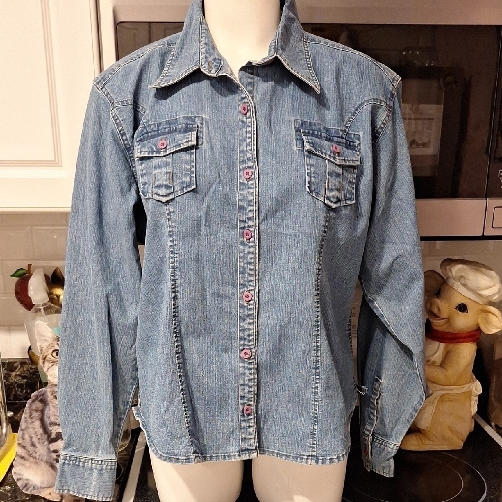 G Riders Blue Stretch Long Sleeve Button Denim Shirt Size XL